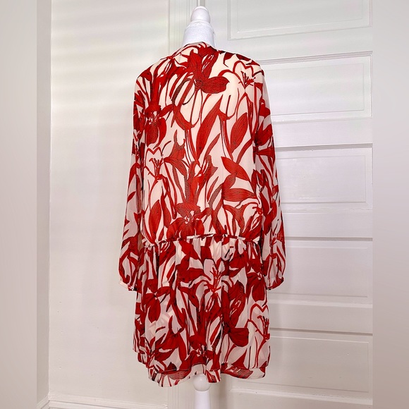 NWT Mango Suiting Red Floral V-Neck Sheer Long Sleeve Tunic Dress, Size 8 US - Picture 4 of 13